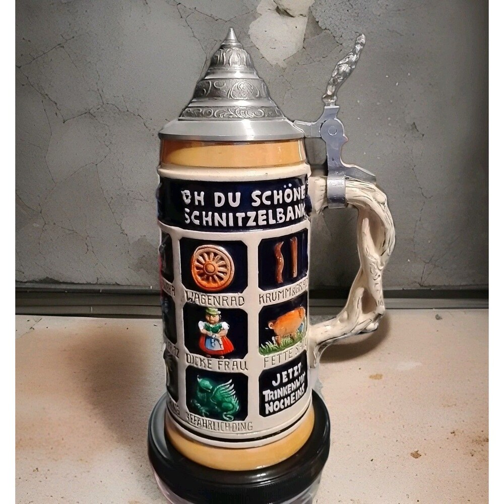Vintage Original Thewalt German Beer Stein 9” – Schnitzelbank Relief, Pewter Lid